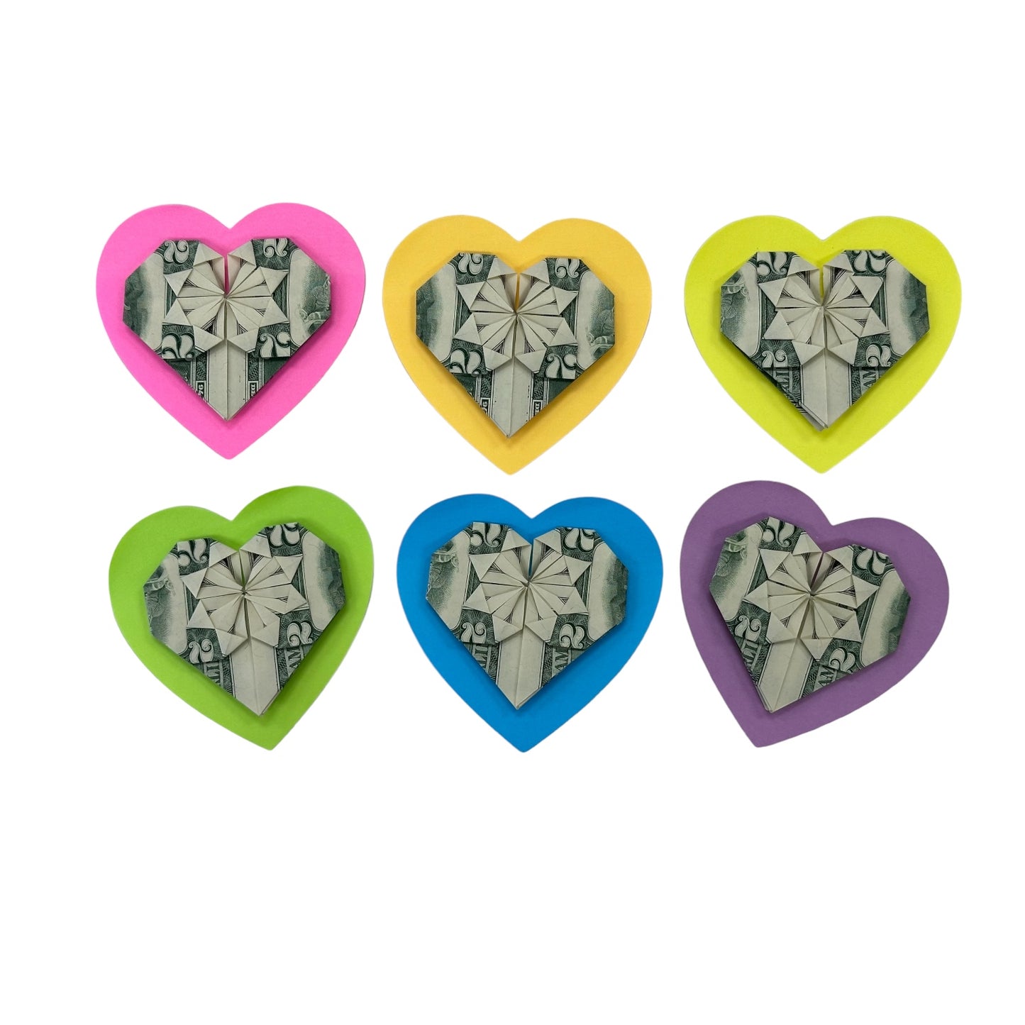 MONEY ART: Origami Heart made with REAL MONEY $2 Bill (Colorful Background)