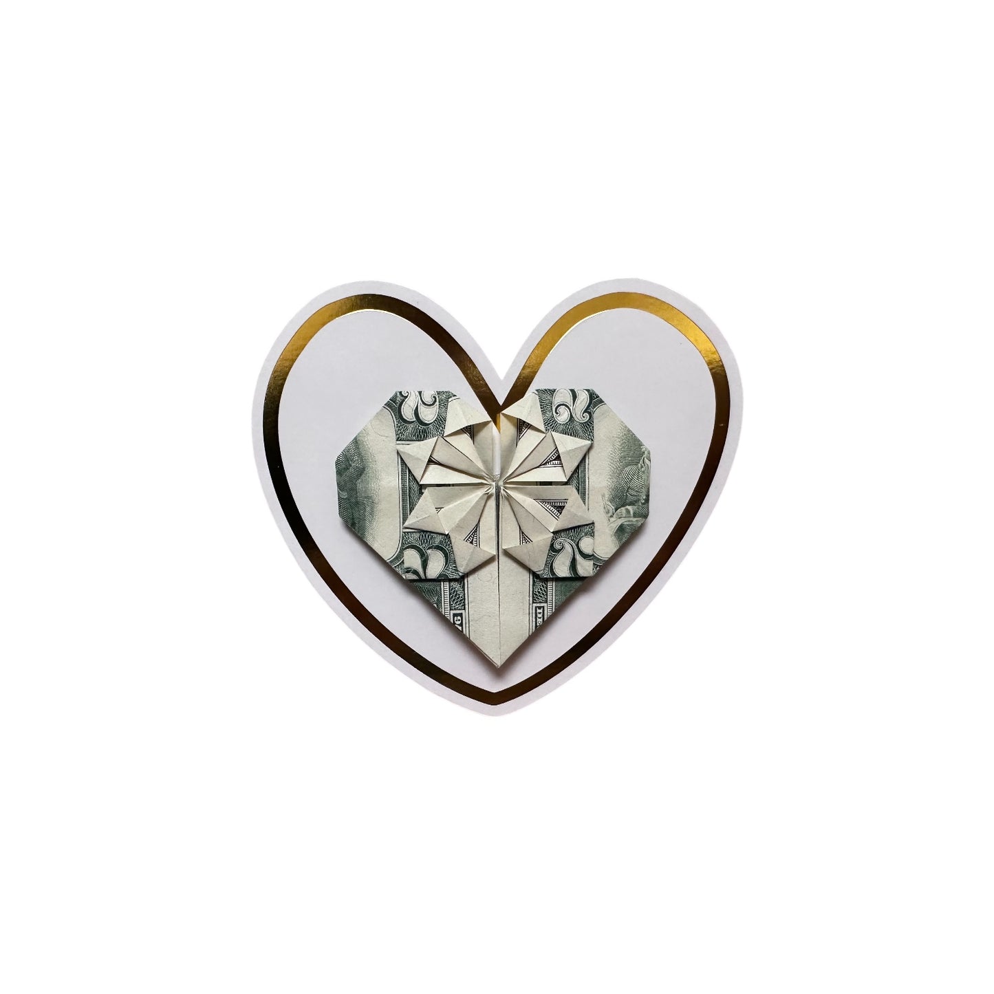 MONEY ART: Origami Heart made with REAL MONEY $2 Bill (White & Gold Trim background)