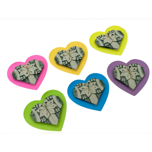 MONEY ART: Origami Heart made with REAL MONEY $2 Bill (Colorful Background)